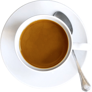A white coffee cup on a matching saucer, with a metal spoon placed on the right side of the saucer.