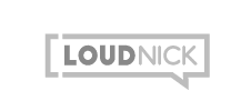 Speech bubble with LOUD in bold dark gray and NICK in light gray, both in uppercase letters inside the bubble.