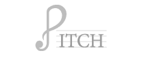 The word PITCH is displayed, with the P formed as a treble clef on staff lines; other letters are in regular text.