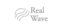 Logo showing three wavy lines left of gray text reading Real Wave on a light background.