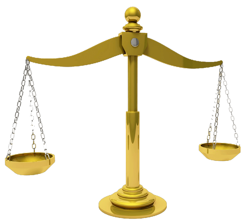 Golden balance scale with one pan hanging lower than the other, indicating imbalance, set against a white background.