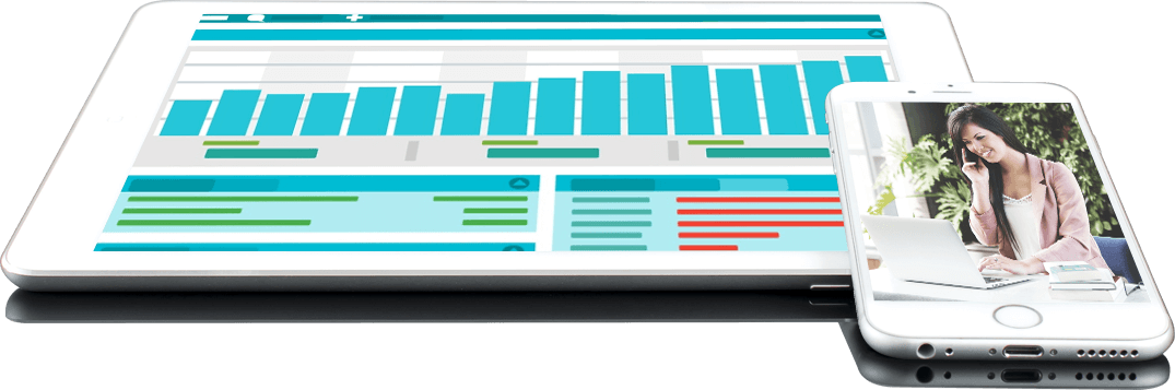 Tablet showing a bar chart and data placed beside a smartphone displaying a woman using a laptop.